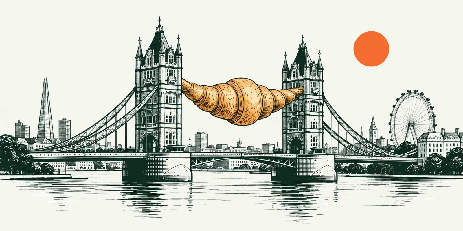 Tekening van Tower Bridge met een croissant tussen de torens, met de skyline van Londen